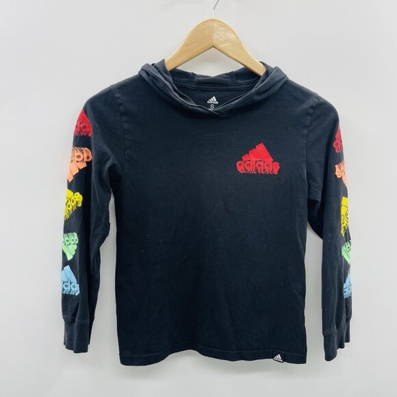 Adidas Youth Boys Size Small 8 Hooded Colorful Logo Long Sleeve Tee Black 1433 - Picture 1 of 6